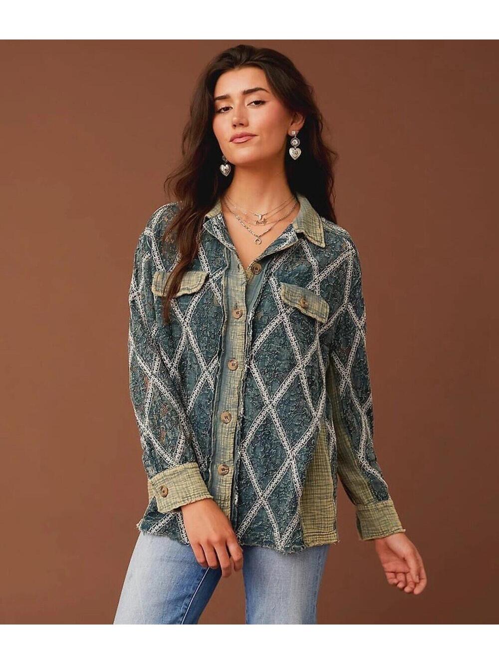Gimmicks BKE‎ Women’s Large Dark Green Lace Buttoned Shacket Jacket Western